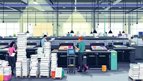 Highspeed industrial printers busy large printshop technicians colorful sheets