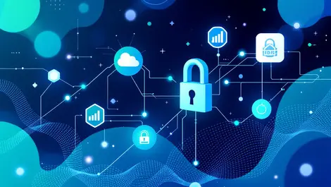 Abstract modern interconnected geometric shapes flowing lines data streams secure lock blue green technology analytics