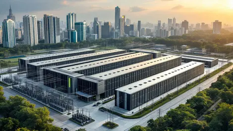 Large data centre asia pacific cityscape modern architecture power lines