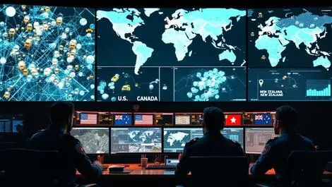 Law enforcement command center multiple monitors digital maps officers us canada australia new zealand