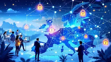 Stylized european landscape digital nodes cyber security professionals