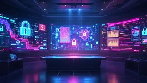 Dark high tech control room holographic screens cyber threats ai driven ransomware