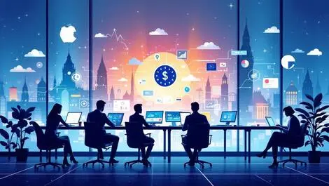 Modern european office finance professionals digital devices abstract data streams key countries silhouettes