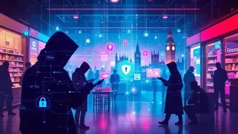 Uk retail digital phishing attack cybercriminals social engineering mfa bypass data theft cybersecurity shields locks london landmarks vivid realistic