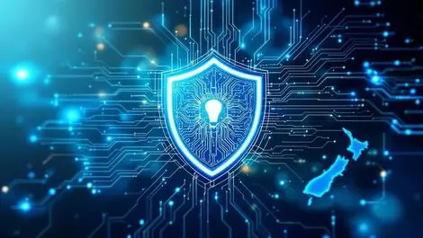 Shield digital circuit patterns australia new zealand ai cybersecurity illustration