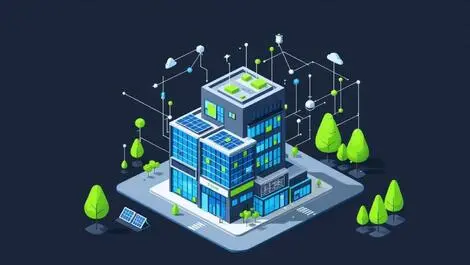 Modern commercial building green accents trees solar panels network lines energy efficiency