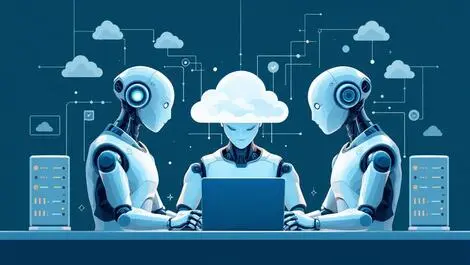 Three humanoid robots collaborating ai agents cloud workflows servers