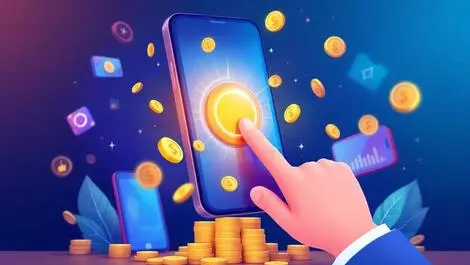 Hand pressing digital button smartphone coins dollar signs tech payment