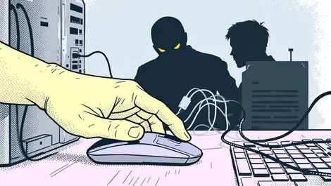 Human hand reaching for computer mouse shadowy figure manipulating wires cyber threats social engineering