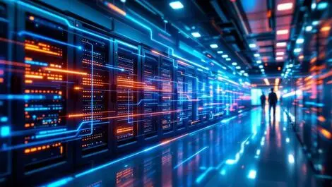 Advanced data storage hardware modern server room glowing data flow performance