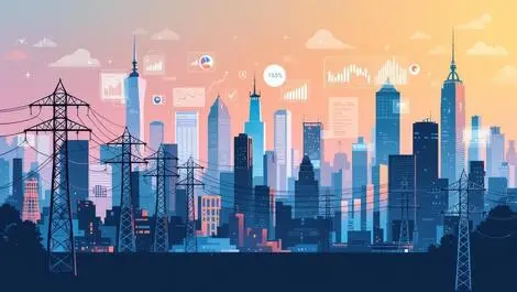 City skyline electrical grids utility poles data graphs energy analytics