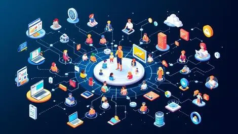 Interconnected data streams into central hub with digital devices customer icons