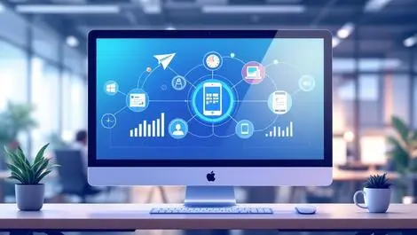 Digital dashboard computer monitor tablet smartphone icons connected australian office