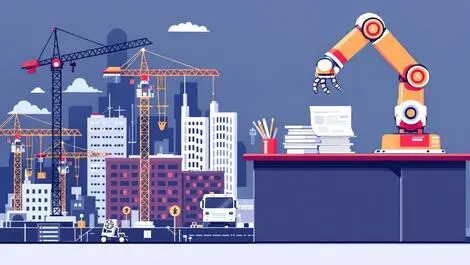 Digital illustration automation in infrastructure project management with robotic arm and cranes