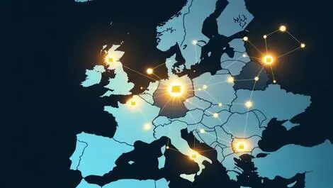 Stylized network nodes europe glowing connections france belgium uk spain italy
