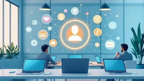 Business meeting laptops ai assistant connecting popular apps workflow