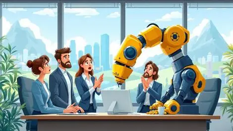 Business professionals examining large robot arm office australia nz