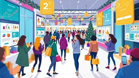 Colorful holiday shopping mall shoppers gift bags smartphones digital screens