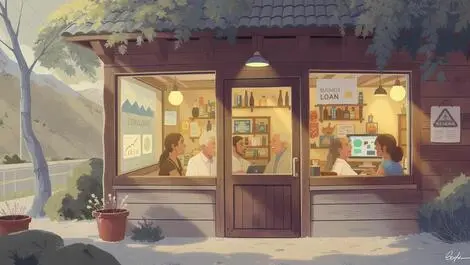 Small new zealand cafe with computer charts loan symbols and friendly owners