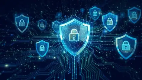 Detailed secure computer network glowing shield icons interconnected computers