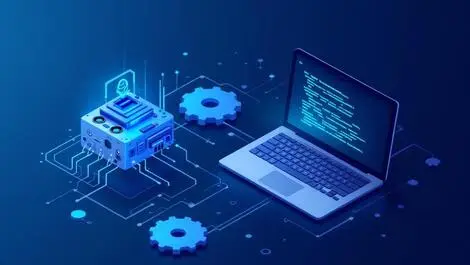 Illustration small industrial device laptop machine learning gears circuits ai edge hardware