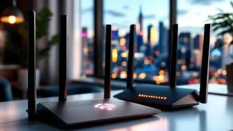 Realistic wifi modem glowing lights modern desk australian cityscape