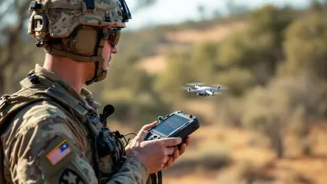 Australian soldier using portable device to counter flying drone outdoors