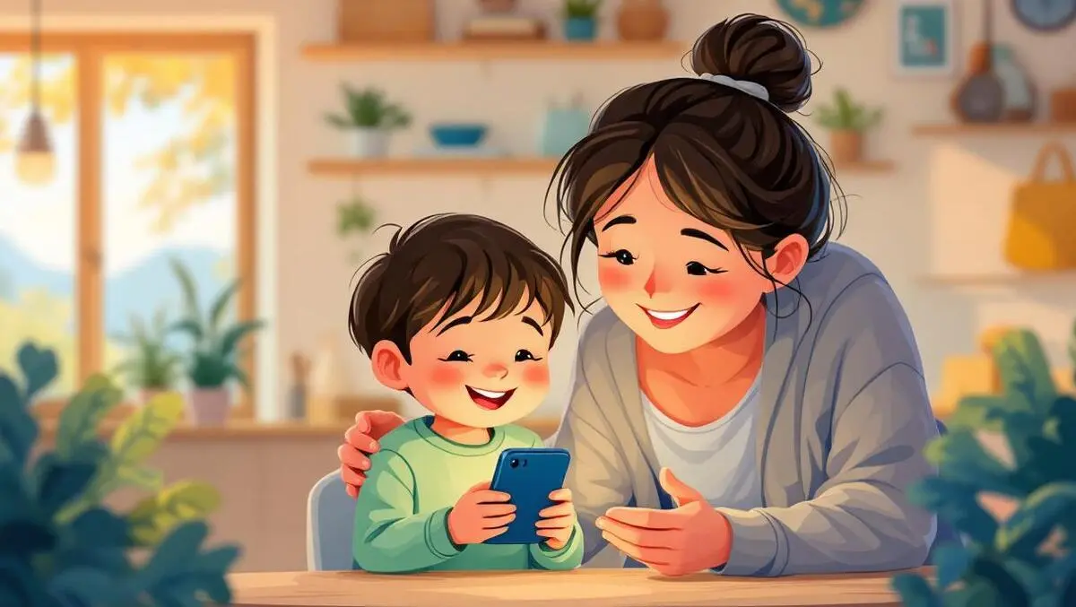 Smiling child holding smartphone with caring parent in cozy nz home