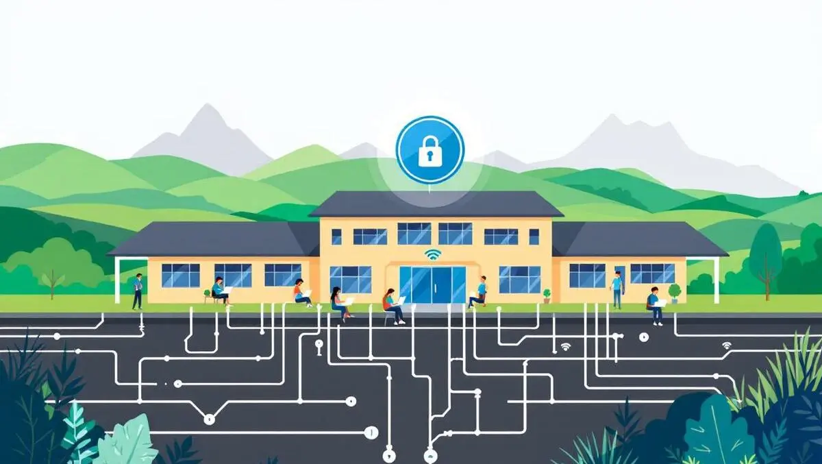 Modern new zealand school network cables wifi students laptops shield icon green hills mountains