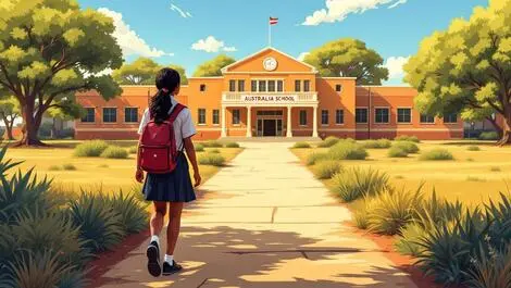 Realistic aboriginal australian student school uniform walking sunlit pathway
