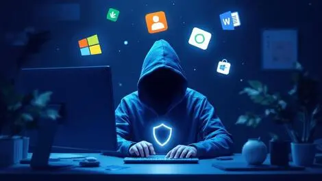 Digital illustration hacker computer bypassing microsoft app security shield