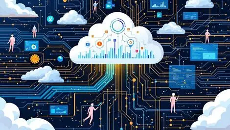 Interconnected streams flowing data ai agents cloud digital dashboards graphs