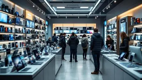 Modern uk electronics retail store interior smartphones tablets laptops