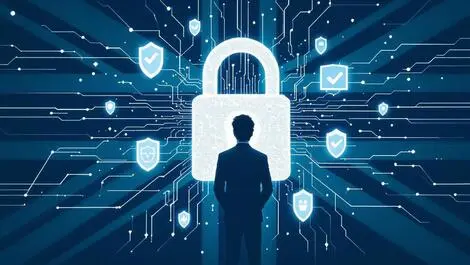 Worried uk business executive digital lock cyber threats union jack