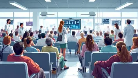 Crowded hospital waiting room new zealand patients doctors digital scans healthcare pressure