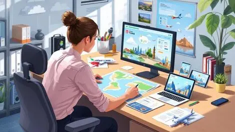 Realistic illustration travel agent helping customer plan trip modern office