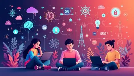 Malaysian youths using laptops tablets ai brain network nodes 5g