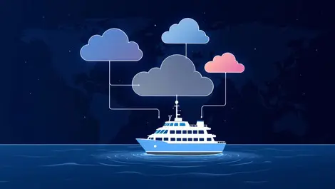 Digital illustration ship sea connected to abstract cloud shapes global themed background