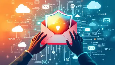 Realistic digital shield protecting email envelope cyber threats cloud icons