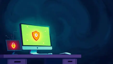 Small business office computers shield symbols dark cyber threats background
