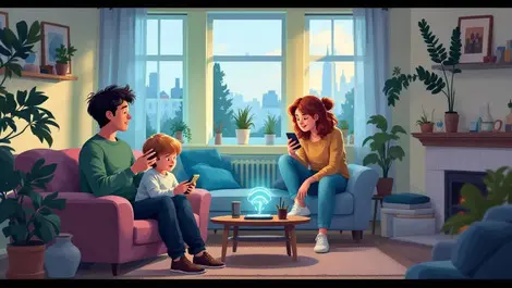 British family parent taking smartphone from teen while other parent turns off wifi router in living room