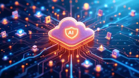 Digital illustration cloud network cables shields ai analyzing threats