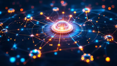 Interconnected network nodes glowing hub global partnership iot tech