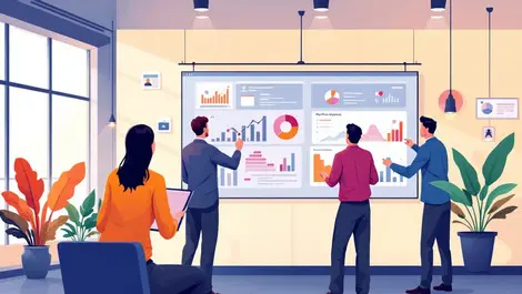 Business professionals collaborating digital dashboard workflow charts data anz