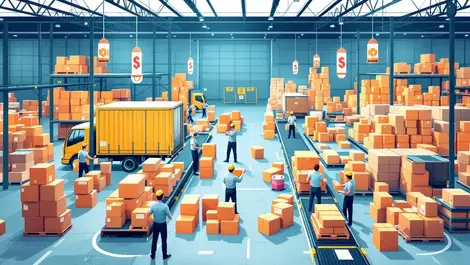 Busy warehouse workers sorting packages conveyor belts trucks logistics peak holiday season