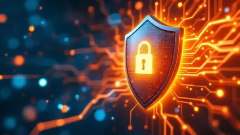 Realistic shield locking glowing human silhouette digital identity cyber protection