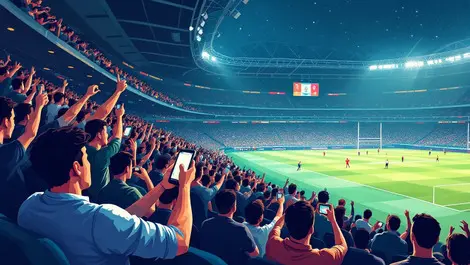 Rugby fans cheering in stadium using smartphones tablets during match