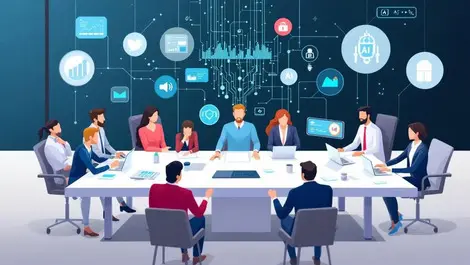 Business meeting professionals collaborate digital interfaces ai icons customer experience