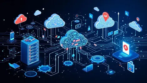 Interconnected cloud servers data streams ai secure management tech background