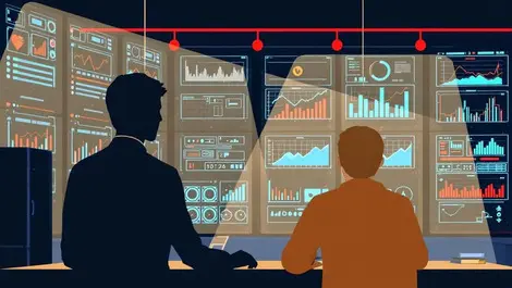 Realistic server room digital graphs silhouette person monitoring system data